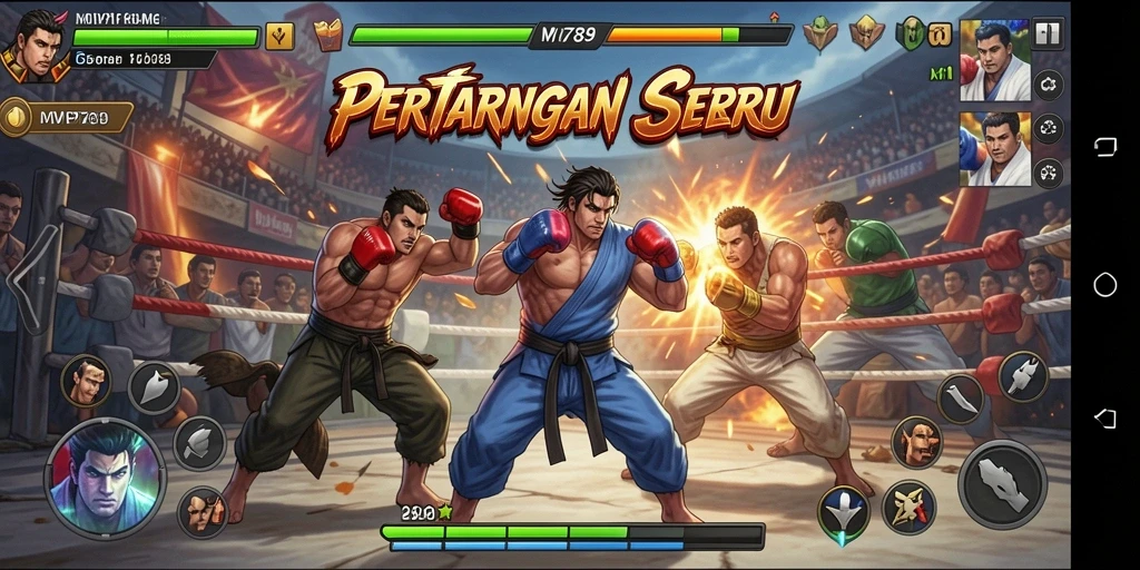 Gameplay seru dengan pertarungan karakter di arena yang menakjubkan.