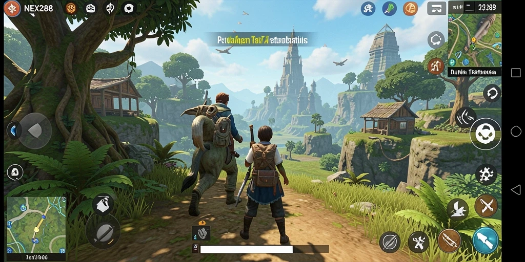 Screenshot gameplay NEX288 yang menampilkan petualangan di dunia terbuka.