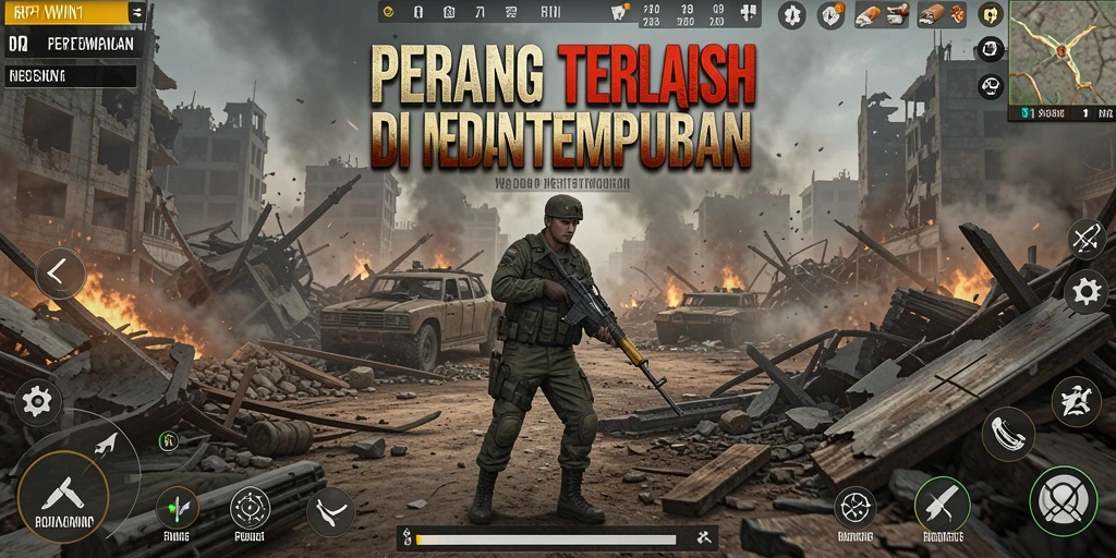 Screenshot utama menampilkan aksi seru di medan perang Battle Royale.