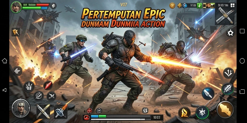 Screenshot menunjukkan karakter utama bertarung di arena penuh aksi.
